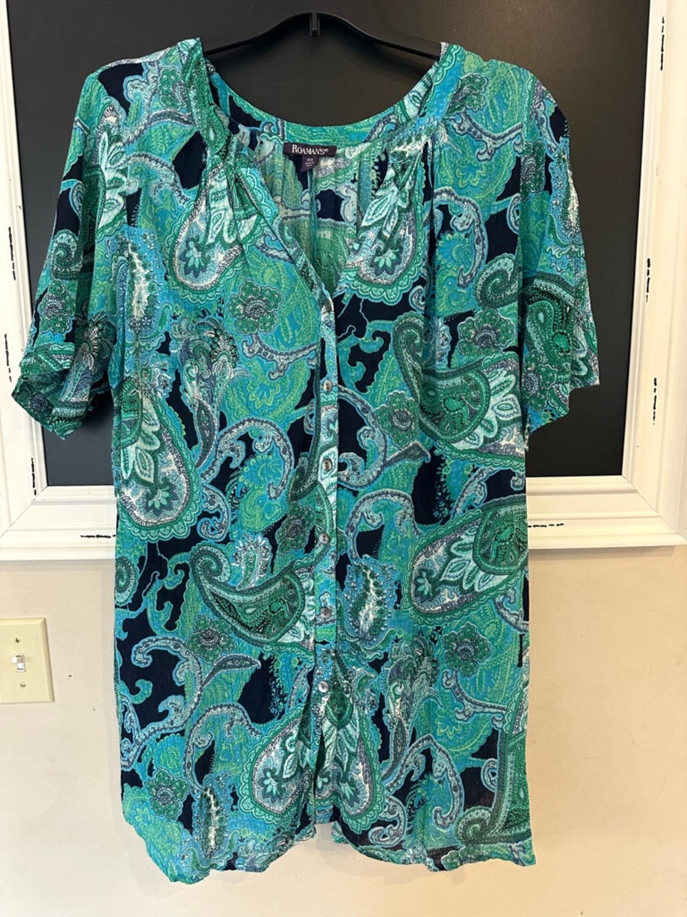 Roaman's Angelina Crinkle Crepe Paisley Button Down Tunic Teal w/ Navy Sz 26W